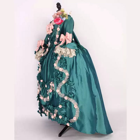 Teal Rococo Marie Antoinette Dress with Pink Floral Bows - 18th Century Ball Gown - Plus Size